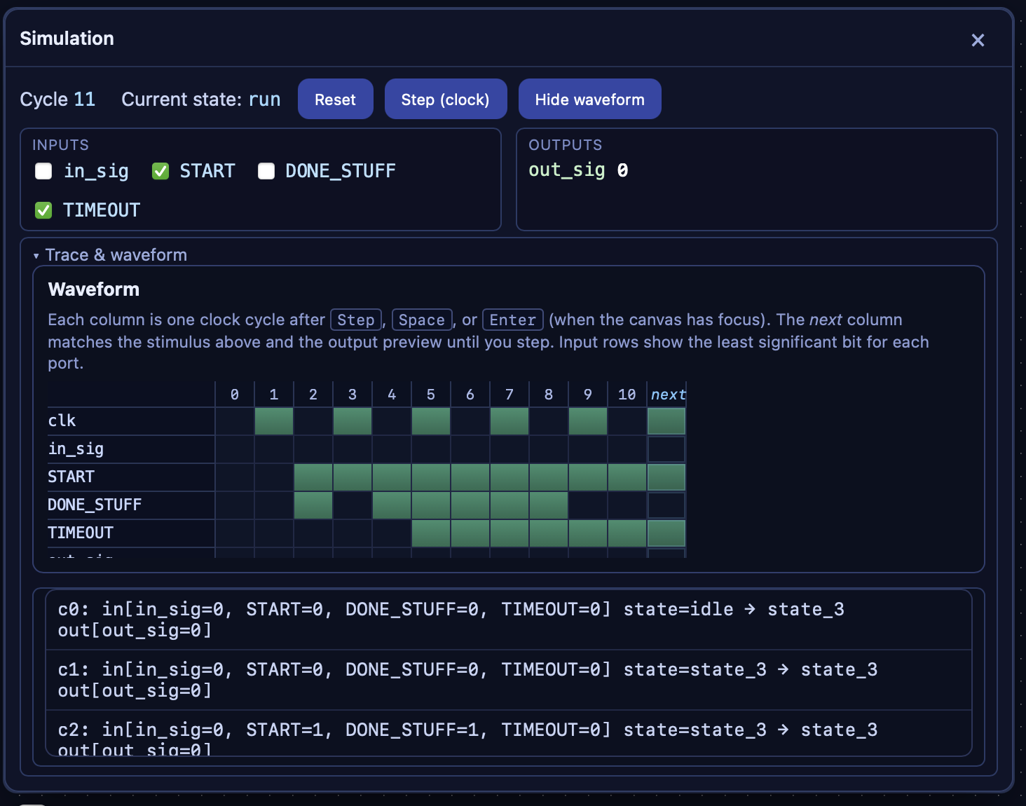 Simulation mode with firing transition highlighted